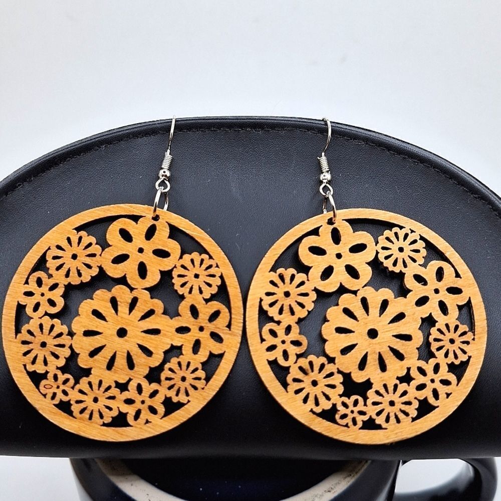 Round wood carved earrings boho jewelry floral design